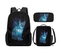 QIQISE Zaino per la scuola per ragazze, 3 pezzi, classico, grande, borsa termica per il pranzo per bambini, astuccio piccolo con stampa di leone accogliente, Gatto Galassia, Taglia unica, Zaini