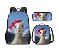 QIQISE Zaino per la scuola per ragazze, 3 pezzi, classico, grande, borsa termica per il pranzo per bambini, astuccio piccolo con stampa di leone accogliente, Cappello Alpaca, Taglia unica, Zaini
