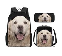 QIQISE Zaino per la scuola per ragazze, 3 pezzi, classico, grande, borsa termica per il pranzo per bambini, astuccio piccolo con stampa di leone accogliente, Golden Retriever sorridente, Taglia unica