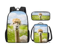 QIQISE Zaino per la scuola per ragazze, 3 pezzi, classico, grande, borsa termica per il pranzo per bambini, astuccio piccolo con stampa di leone accogliente, Grazioso alpaca., Taglia unica, Zaini