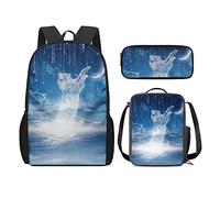 QIQISE Zaino per la scuola per ragazze, 3 pezzi, classico, grande, borsa termica per il pranzo per bambini, astuccio piccolo con stampa di leone accogliente, Gatto stellato, Taglia unica, Zaini
