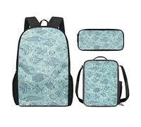 QIQISE Zaino per la scuola per ragazze, 3 pezzi, classico, grande, borsa termica per il pranzo per bambini, astuccio piccolo con stampa di leone accogliente, Mondo Pesce, Taglia unica, Zaini