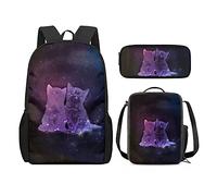 QIQISE Zaino per la scuola per ragazze, 3 pezzi, classico, grande, borsa termica per il pranzo per bambini, astuccio piccolo con stampa di leone accogliente, Gatto Galassia, Taglia unica, Zaini