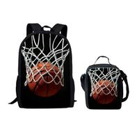 QIQISE Zaino per ragazzi Set Basket Going Through the Net Borse da scuola 2 pezzi Laptop Schoolbag e Cooler Lunch Tote Box, Pallacanestro passando attraverso la rete, Taglia unica