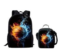 QIQISE Zaino per ragazzi Set Basket Going Through the Net Borse da scuola 2 pezzi Laptop Schoolbag e Cooler Lunch Tote Box, Fuoco e Acqua Basket, Taglia unica