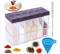 QIQN Barattoli Portaspezie in Plastica per Spezie 6Pezzi Trasparente Spezie con Vassoio, Imbuto, Spazzola di Pulizia per Pepe e Sale Condimenti da Campeggio (Marrone)
