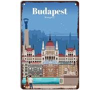 Qirius, Targa in metallo con scritta "Travel to Budapest", decorazione da parete vintage, divertente per casa, cucina, bar, pub, bar, bar, garage, retrò, 30,5 x 20,3 cm