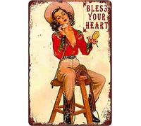QIRIUS Targa in metallo sexy cowgirl pinup girl bless your heart Tin Signs decorazione da parete divertente decorazione per casa, cucina, bar, targa vintage retrò poster 30,5 x 20,3 cm