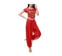 QIRUIRED Costume da danza del ventre, da donna, set da 2 pezzi, con top e pantaloni lanterna, vestito professionale per carnevale, bollywood, indiano, arabo, per esibizioni di danza, M, L, Rosso, M