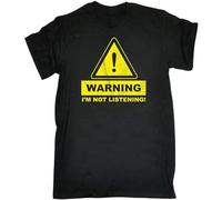 QISHUBAO Warning I'm Not Listening Mens T-Shirt Cotton Unisex Black Tee Tops M