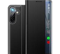 Qissy Custodia per Samsung Galaxy A17 5G, con finestra trasparente e specchio sottile A17 5G custodia con cavalletto, custodia rigida in policarbonato antiurto per Samsung A17 5G custodie (nero)