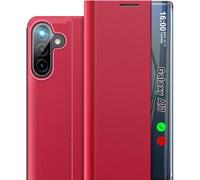 Qissy Custodia per Samsung Galaxy A17 5G, con finestra trasparente e specchio sottile A17 5G custodia con cavalletto, custodia rigida in policarbonato antiurto per Samsung A17 5G custodie (rosso)