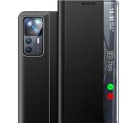 Qissy Custodia per Xiaomi 15T Pro, pieghevole, Flip Hard PC, antiurto, sottile specchio 15T Pro 5G, con supporto, custodia a portafoglio, Clear View Cover per Xiaomi 15T Pro (nero)