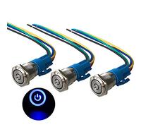 QitinDasen 3Pcs Premium 12V / 24V 5A Interruttore a Pulsante Autobloccante, 16mm Interruttore a Pulsante in Metallo con LED Blu, Interruttore Avviamento Auto in Acciaio Inossidabile impermeabile