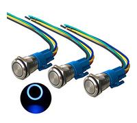 QitinDasen 3Pcs Premium 12V / 24V 5A Interruttore a Pulsante Momentaneo, 16mm Interruttore a Pulsante in Metallo con LED Blu, Interruttore Avviamento Auto in Acciaio Inossidabile impermeabile