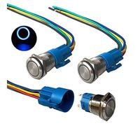 QitinDasen 3Pcs Premium 12V / 24V 5A Interruttore a Pulsante Momentaneo, 19mm Interruttore a Pulsante in Metallo con LED Blu, Interruttore Avviamento Auto in Acciaio Inossidabile impermeabile