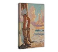 QITUBVAF Poster su tela con cowgirl che fa surf sulla costa, decorazione artistica da parete per soggiorno e camera da letto, 60 x 90 cm