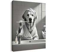 Qiukoo Arte da parete per bagno con cornice in legno e ganci per appendere - Stampa su tela divertente con cane che si lava i denti, decorazione per il bagno resistente all'umidità per gli amanti dei