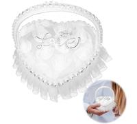 QIUMING cuscino per fedi nuziali a forma di cuore Romantico Scatola per Fedi Nuziali Cuscino per Anelli Nuziali in Pizzo Anello Nuziale Cuscino Nastri Raso per Proposta di Matrimonio (LOVE)