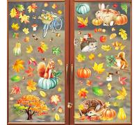 QIURUYUE 9 fogli, autoadesive per finestre, per il giorno del Ringraziamento, per l'autunno, senza colla, foglie d'acero, zucca, piccoli animali, decorazione per finestre, autunno per la cameretta dei