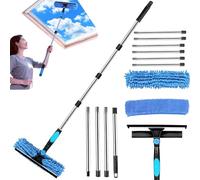 Qivine 3 in 1 Lavavetri Telescopico, Kit Lava Vetri con Tergivetro e Spazzola in Microfibra, Testa Rotante a 270°, Lavavetri con 400cm Manico Telescopico per Auto Vetro Alte (Blu 10 colpi)