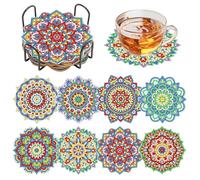 Qivine 8 Pezzi Sottobicchieri Legno 10cm Sottobicchiere Dipinto a Diamante Rotondi Isolanti Sottobicchieri con Supporto Motivo Mandala per Bar Caffetterie Casa Feste