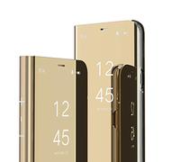 QIWEIQING Compatibile con Huawei P30 Lite Custodia Bookstyle Specchio Design Clear View Makeup Stand Full Body Protettiva Bumper Flip Folio Copertura per Huawei P30 Lite.Mirror Gold QH