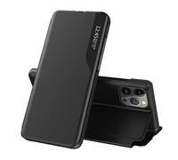 QIWEIQING Compatibile con iPhone 15 Pro Max Custodia, Pelle Flip Standing Cavalletto Specchio Cover Clear View Protettiva Cassa per iPhone 15 Pro Max. Black QH3