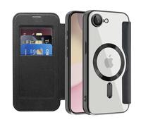 QIWEIQING Cover Magnetica per iPhone 16e 2025 Compatibile con MagSafe, [Blocco RFID] Porta Carte Protezione Fotocamera Custodia con Patta Trasparente Cover per iPhone 16e 2025. Nero JDC