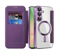 QIWEIQING Cover Magnetica per Samsung Galaxy A56 Compatibile con MagSafe, [Blocco RFID] Porta Carte Protezione Fotocamera Custodia con Patta Trasparente Cover per Samsung A56. Viola JDC