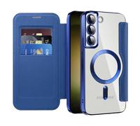 QIWEIQING Cover Magnetica per Samsung Galaxy S22 Plus Compatibile con MagSafe, Blocco RFID Porta Carte Protezione Fotocamera Custodia con Patta Trasparente Cover per Galaxy S22 Plus. Blu JDC