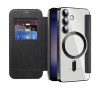 QIWEIQING Cover Magnetica per Samsung Galaxy S24 Compatibile con MagSafe, [Blocco RFID] Porta Carte Protezione Fotocamera Custodia con Patta Trasparente Cover per Samsung Galaxy S24. Nero JDC