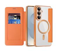 QIWEIQING Cover Magnetica per Samsung Galaxy S26 Plus Compatibile con MagSafe, Blocco RFID Porta Carte Protezione Fotocamera Custodia con Patta Trasparente Cover per Galaxy S26 Plus. Arancione JDC