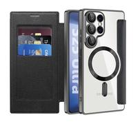 QIWEIQING Cover Magnetica per Samsung S25 Ultra Compatibile con MagSafe, Blocco RFID Porta Carte Protezione Fotocamera Custodia con Patta Trasparente Cover per Galaxy S25 Ultra. Nero JDC