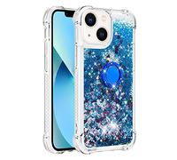 QIWEIQING Cover per iPhone 13 Custodia con Ring Kickstand, Glitter Bling Liquido Custodia TPU Silicone Protettivo Morbido Brillantini Quicksand Case per iPhone 14 / iPhone 13 6.1".Blue YBH