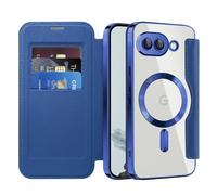 QIWEIQING Custodia magnetica per Google Pixel 10A con porta carte di credito Blocco RFID resistente agli urti, antigraffio, posteriore trasparente custodia per Google Pixel 10A. Blu JDC