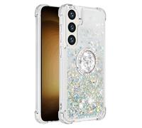 QIWEIQING Shockproof Cover for Samsung Galaxy A57 5G, Glitter Bling Diamond Heart Rainbow Quicksand TPU Shell with Rotating Finger Ring Kickstand Back Case for Samsung A57 5G. Silver YBH