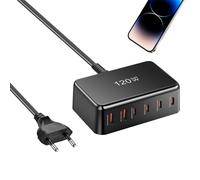 Qiwieod Caricatore Rapido USB C Adattatore di Corrente - Caricatore da Tavolo per Computer - Alimentazione 6 Porte 120W per Dispositivi Mobili Computer Laptop Orologio Intelligente Uso Professionale