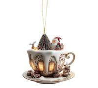 Qiwieod Christmas Ornaments,Decorazioni Albero di Natale | Ciondolo in Acrilico 2D Forma Caffè Casetta Neve per Auto Interno Camera da Letto Uomo Donna Ufficio Zaino Libreria