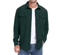 QIXING Camicia da uomo in corduroy, button down, a maniche lunghe, shacket, giacca trucker, autunno inverno, con tasche a patta, Verde scuro, L