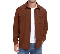 QIXING Camicia da uomo in corduroy, button down, a maniche lunghe, shacket, giacca trucker, autunno inverno, con tasche a patta, Marrone, L