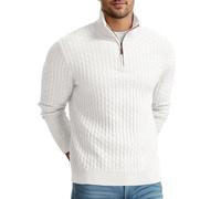 QIXING Maglione da uomo con cerniera a un quarto spesso, lavorato a maglia, collo a lupetto, maglione a nido d'ape, morbido, casual, con bordi a costine, per l'inverno, D09 Bianco, XL