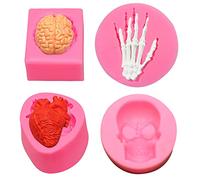 Qixuer Stampo in Silicone per Halloween,4 Pezzi Silicone Simulazione Organo Umano Cervello Stampi 3D Cuore Umano Teschio Mano Teschio Stampo Fondente Stampo Torta Stampo Antiaderente per DIY