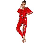 QIYUANT Natale Pigiama Donna Intero Tutina in Flanella Cerniera Morbido Intera Manica Lunga con Cappuccio Invernali Caldo Pigiami Monopezzo Onesies Tuta da Casa Rosso S