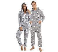 QIYUANT Pigiama di Coppia Natale con Cappuccio Flanella in Pile Caldo Cerniera Intera Autunno Inverno Primavera Adulto Tuta Monopezzo con Tasche (Donna Pinguino Grigio L)