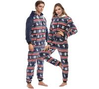 QIYUANT Pigiama Intero Natale Famiglia Caldo Pile di Flanella Cerniera Intera Natalizia Autunno Invernale Tuta Famiglia Coordinati per Donna Uomo Coppia (Donna_Alce della Marina, L)
