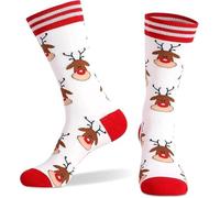 QIZHIQIAMY Calze di Natale da Uomo e da Donna 1 Paio - Taglia 39-45 - Calzini di Natale Divertenti con Motivi Natalizi per le Feste e per Tutti i Giorni (Renna)