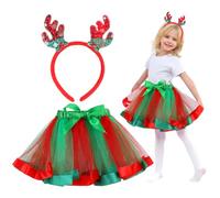 QIZHIQIAMY Set 2 Pezzi Renna Natale - Cerchietto e Gonna Tutu Verde e Rosso, Costume Natalizio per Bambina, Perfetto per Natale, Feste e Carnevale
