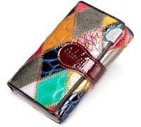 QIZLDBGF Colorful Patchwork Small Wallet for Women Trifold Genuine Leather Card Holder Organizer Handmade Multicolor Change Coin Purse(Patent - Diamond)