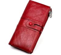 QIZLDBGF Large Capacity Bifold long Wallet for Women Genuine Leather RFID Blocking Card Organizer Zipper Phone Holder (Red)